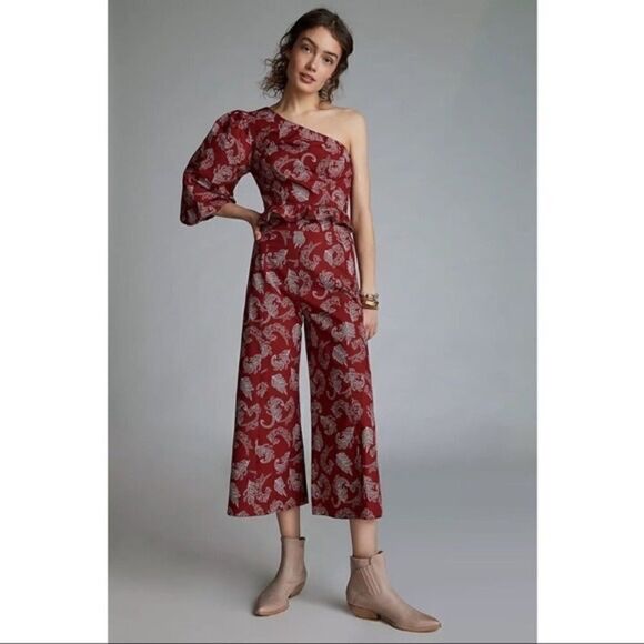 NEW Anthropologie Teresita One-Shoulder Cropped Ruffle Blouse Pants Set Medium
